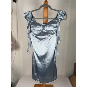 Weinaze Icy Blue Satin Ruffle Strap Sweetheart Mini Dress Size 0 New With Tags